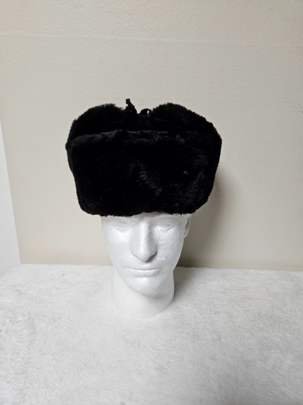 Vintage Black Faux Fur Russian Ushanka Trapper Winter Hat Quilted Lined Size 59